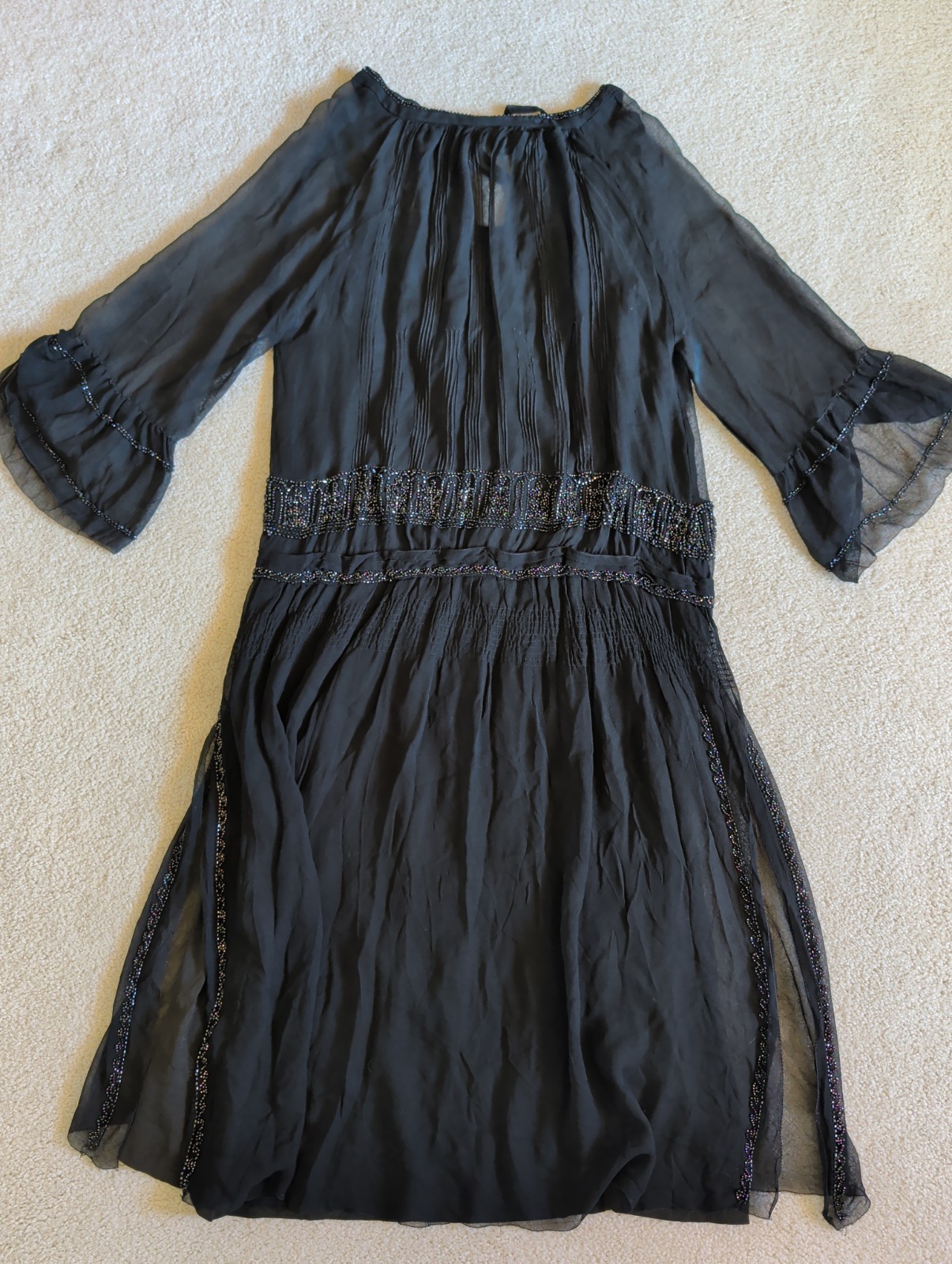 Antique 1920s Black Chiffon Beaded Evening Dress  Drop Waist Art Deco Era *
