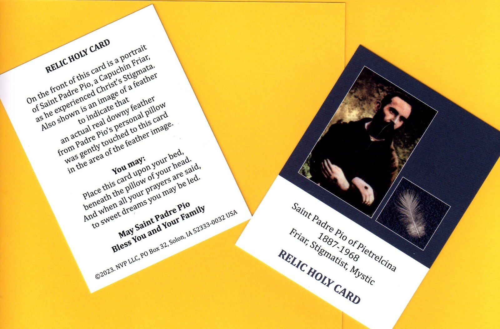 Saint Padre Pio RELIC Holy Card TOUCHED BY FEATHER FROM HIS MONASTERY PILLOW