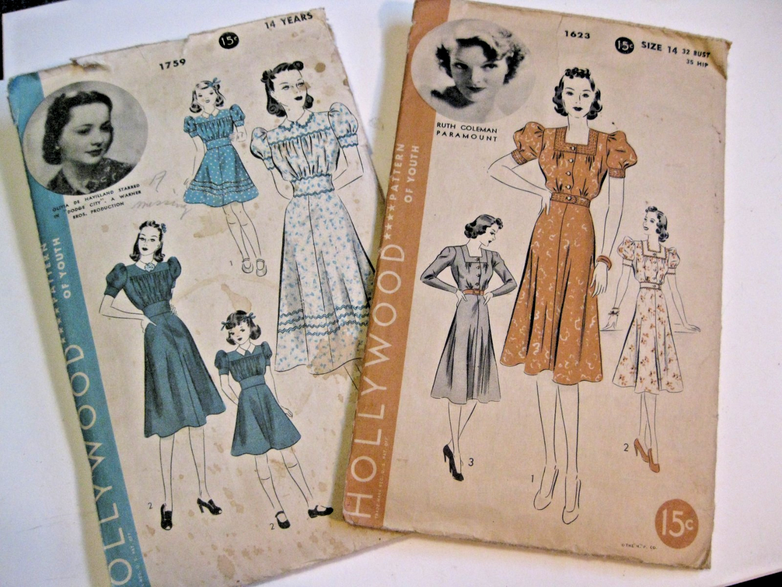 Vintage 1940s Hollywood Patterns #1623 & #1759 Size 14 Dress/Frock Vintage 1940s Hollywood Patterns #1623 & #1759 Size 14 Dress/Frock