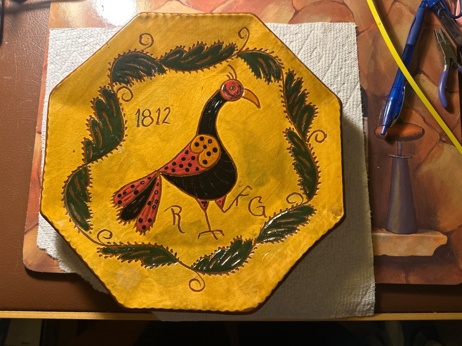 Antique BIG 10” 19th C Pennsylvania Redware Pottery Slip Decorated Charger Plate Antique BIG 10” 19th C Pennsylvania Redware Pottery Slip Decorated Charger Plate