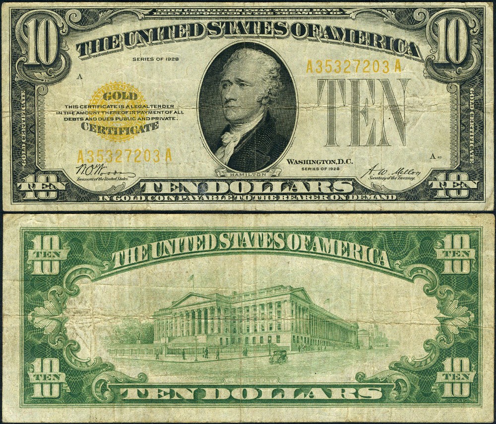 FR. 2400 $10 1928 Gold Certificate A-A Block Fine+