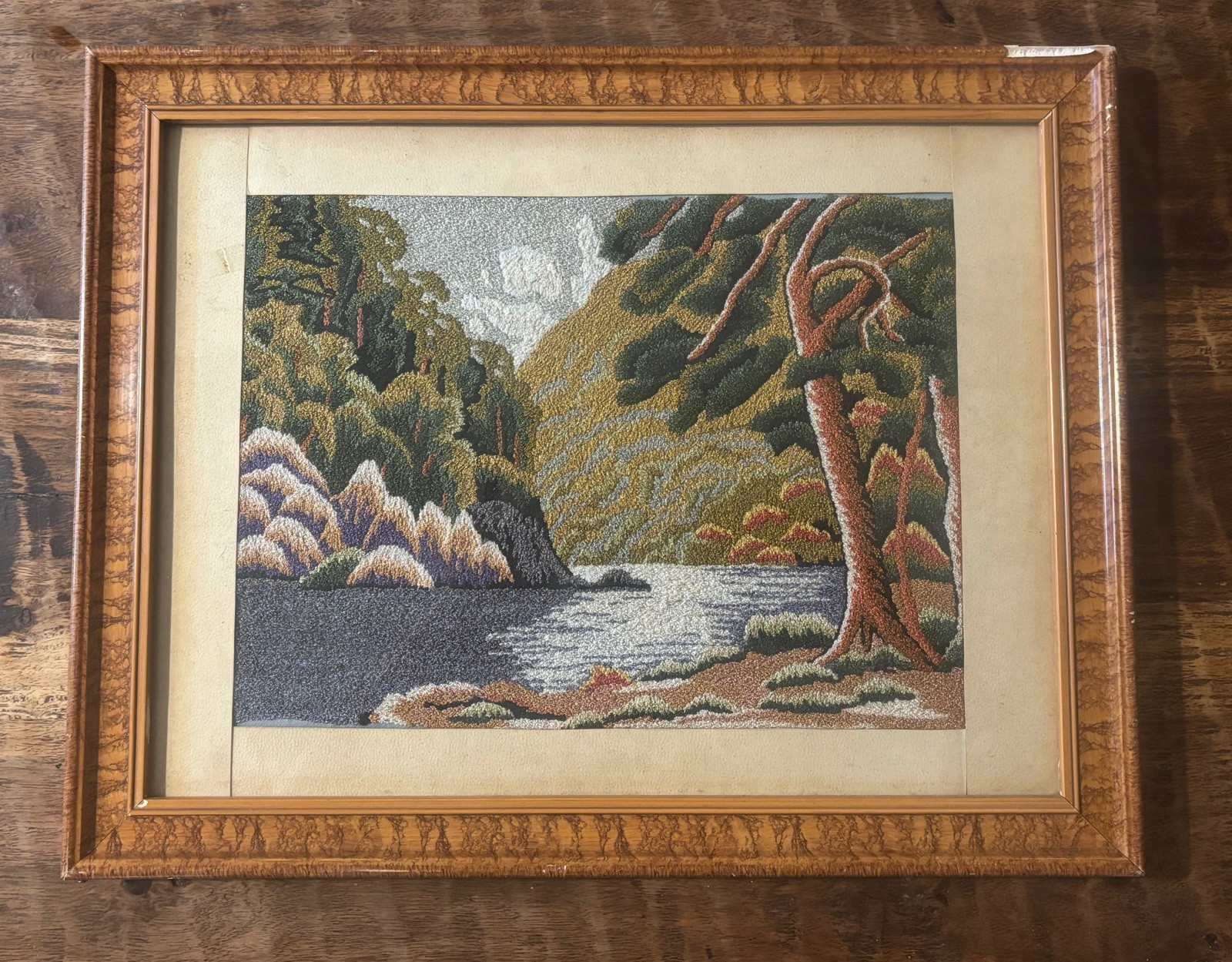 Vintage Mid Century Japanese Bunka Shishu Embroidery Yarn Painting Landscape • Vintage Mid Century Japanese Bunka Shishu Embroidery Yarn Painting Landscape •