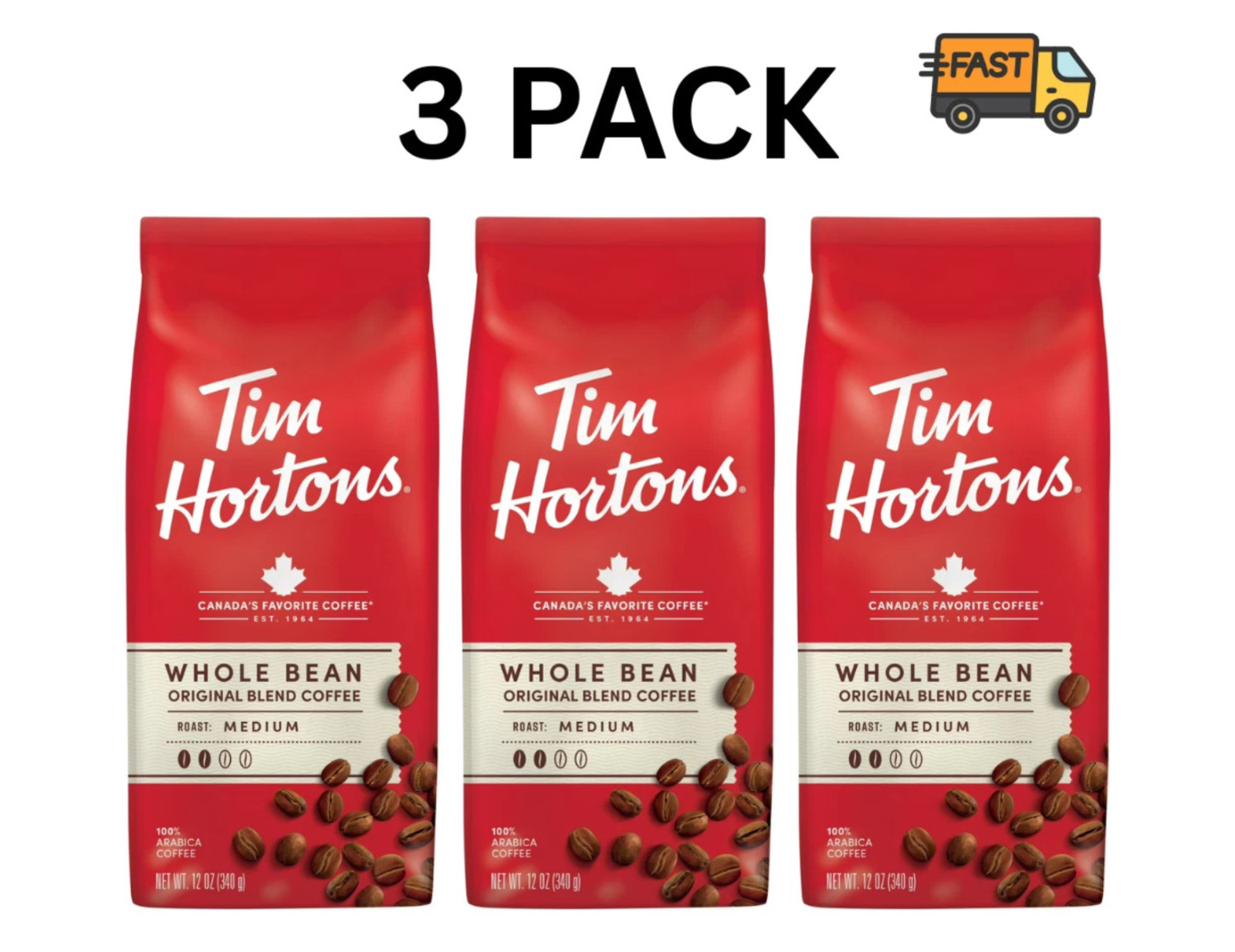 Tim Hortons Medium Roast Coffee Beans Whole Bean 12oz Organic Arabica 3 Pack