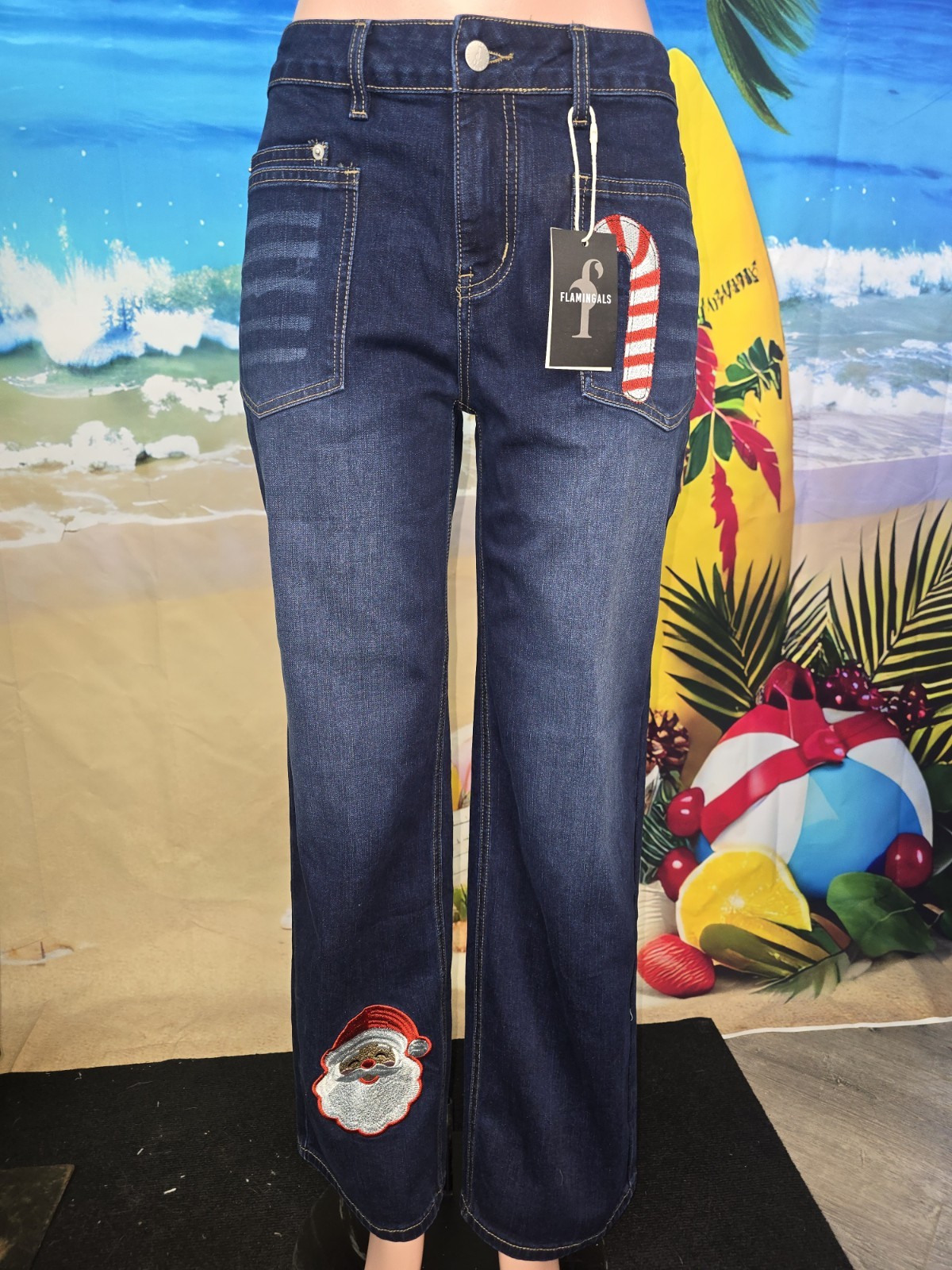 NWT Flamingals Holiday Dark Jeans Embroidered patches, Medium #78754 32 Inseam NWT Flamingals Holiday Dark Jeans Embroidered patches, Medium #78754 32 Inseam