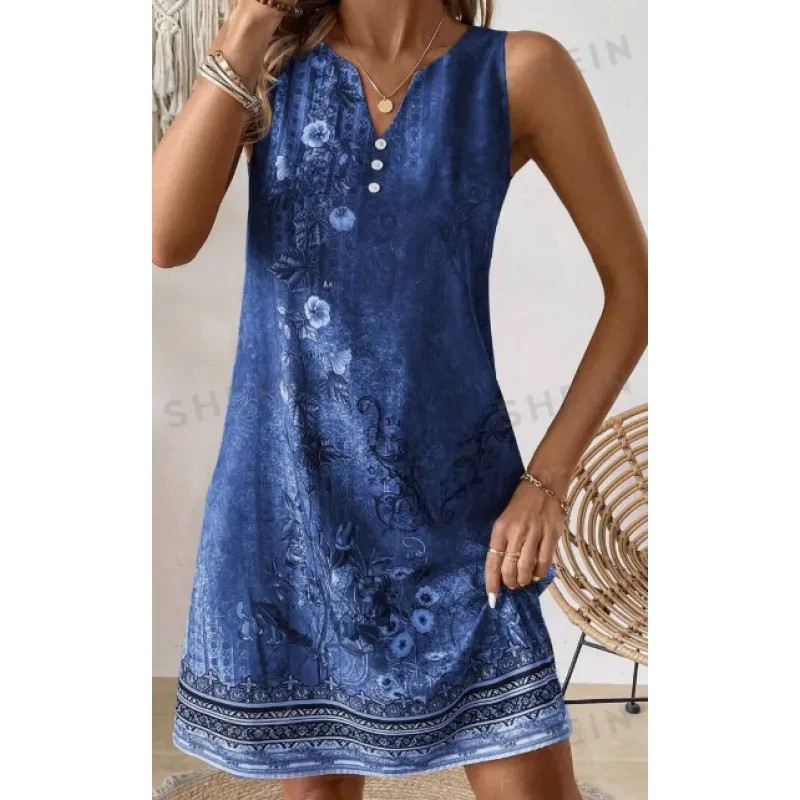 Women's Summer Holiday Floral Print Sleeveless V-Neck Loose Dress With Slit