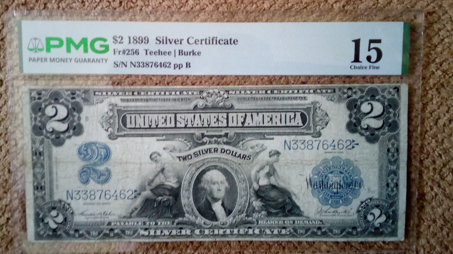 1899 $2 TWO DOLLAR SILVER CERTIFICATE NOTE (NICKNAME OF MINI PORTHOLE),CF,PMG 15