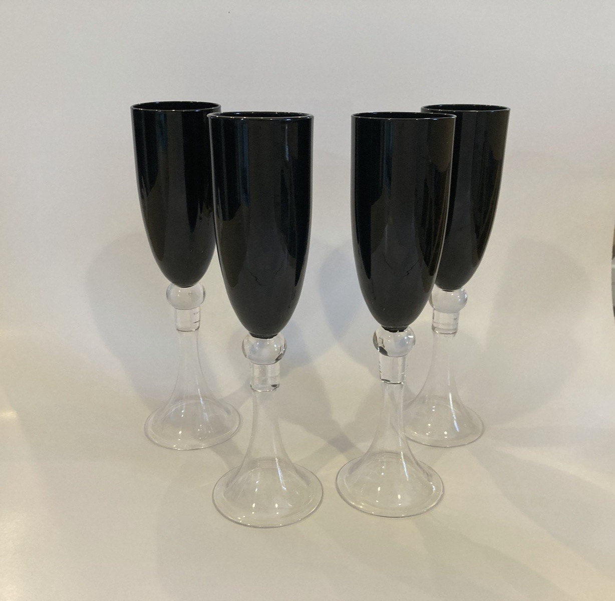 (4) Pier 1 Dante Black Champagne Flutes With Clear Hollow Stem