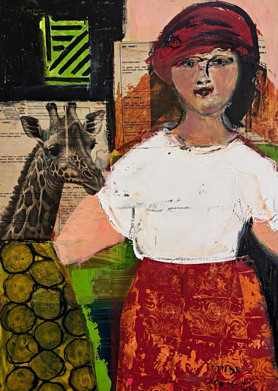 Original Mixed Media Abstract Girl Portrait in Red Hat with her pet Giraffe