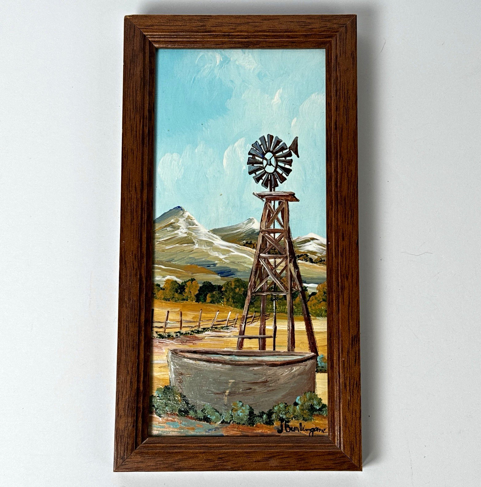Vintage Jerry Burlingame Original Miniature Painting Taos NM Windmill 8x4 Signed