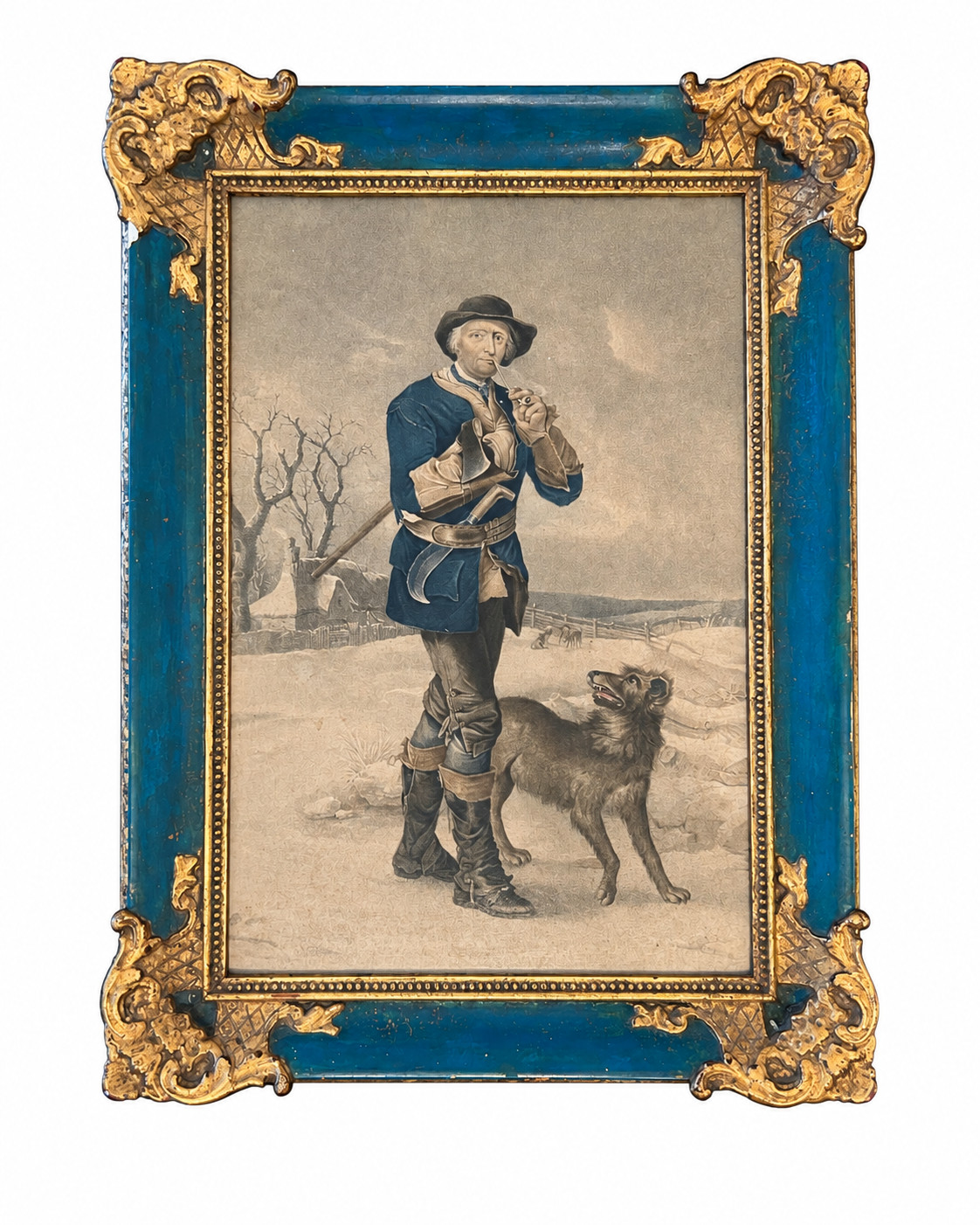 Antique French Blue Gilt Ormolu Picture Frame Hunter Dog Print 19th Century