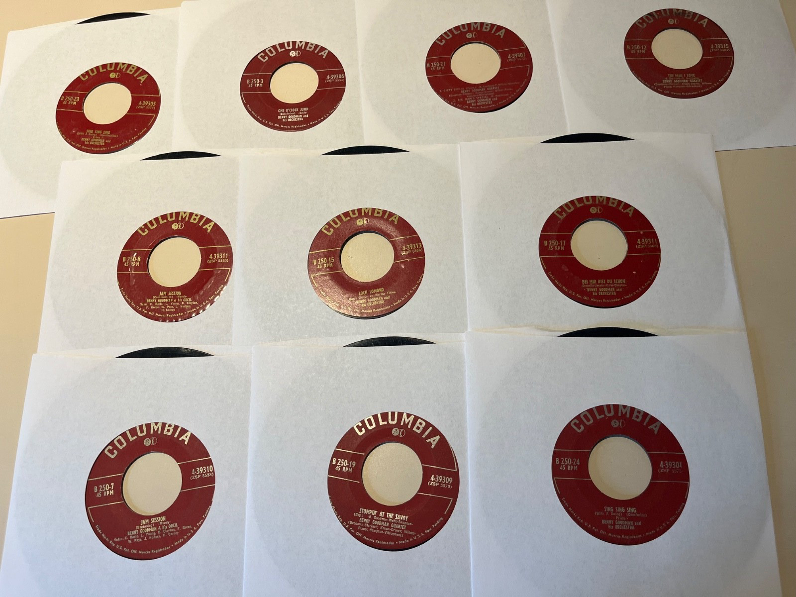 Lot of 10 BENNY GOODMAN 45 RPM Vinyl Records - VINTAGE Columbia Big Band Swing
