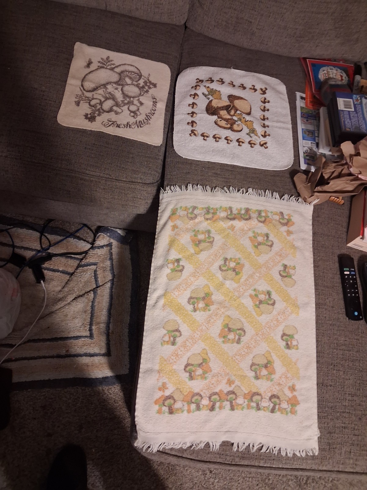 Vintage Mushroom Cotton Dishcloth Set of 3, Fringed White Brown Yellow Green Vintage Mushroom Cotton Dishcloth Set of 3, Fringed White Brown Yellow Green