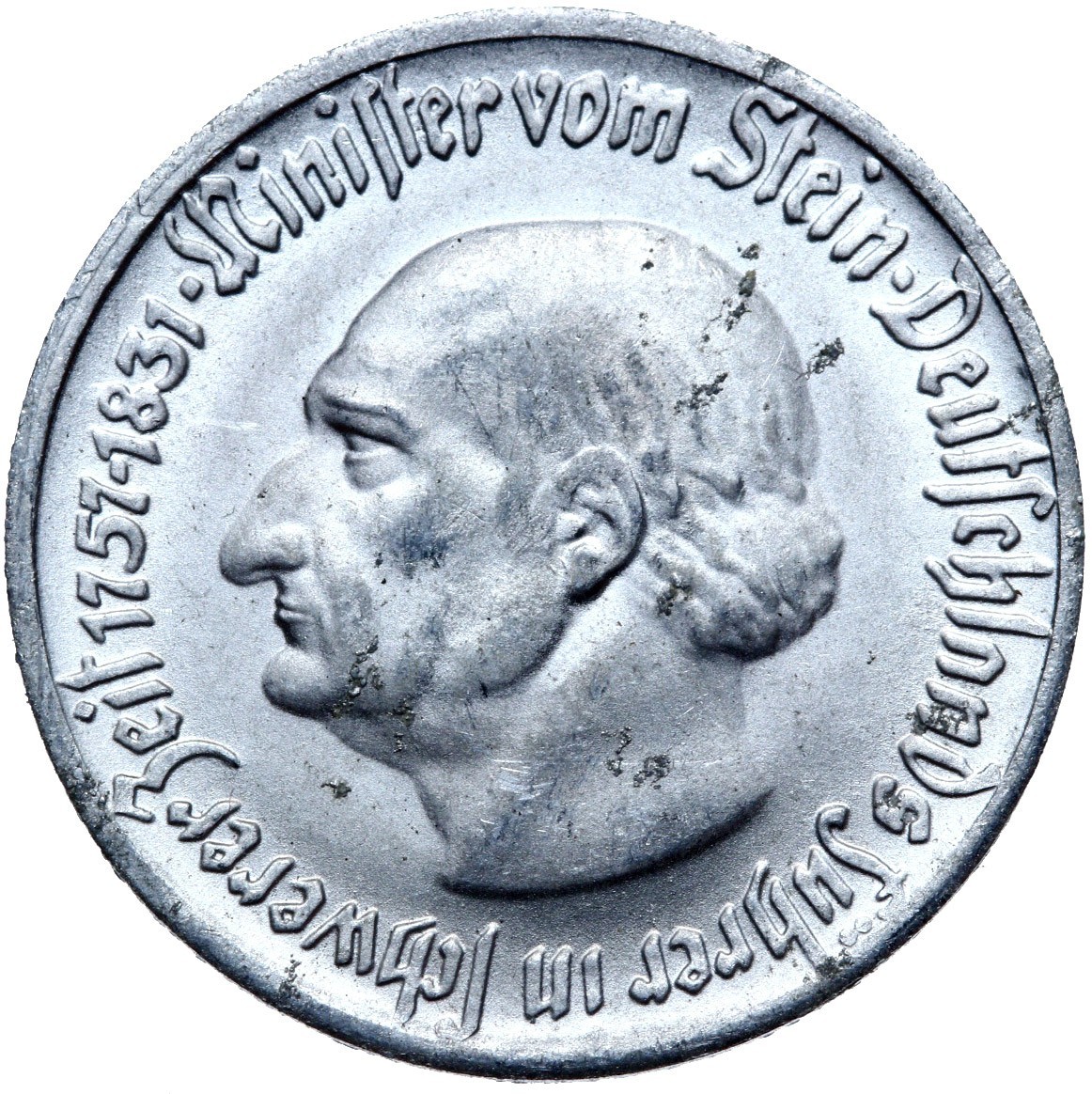 Westphalia coin 50 Pfennig 1921 Minister vom Stein 1757-1831 horse