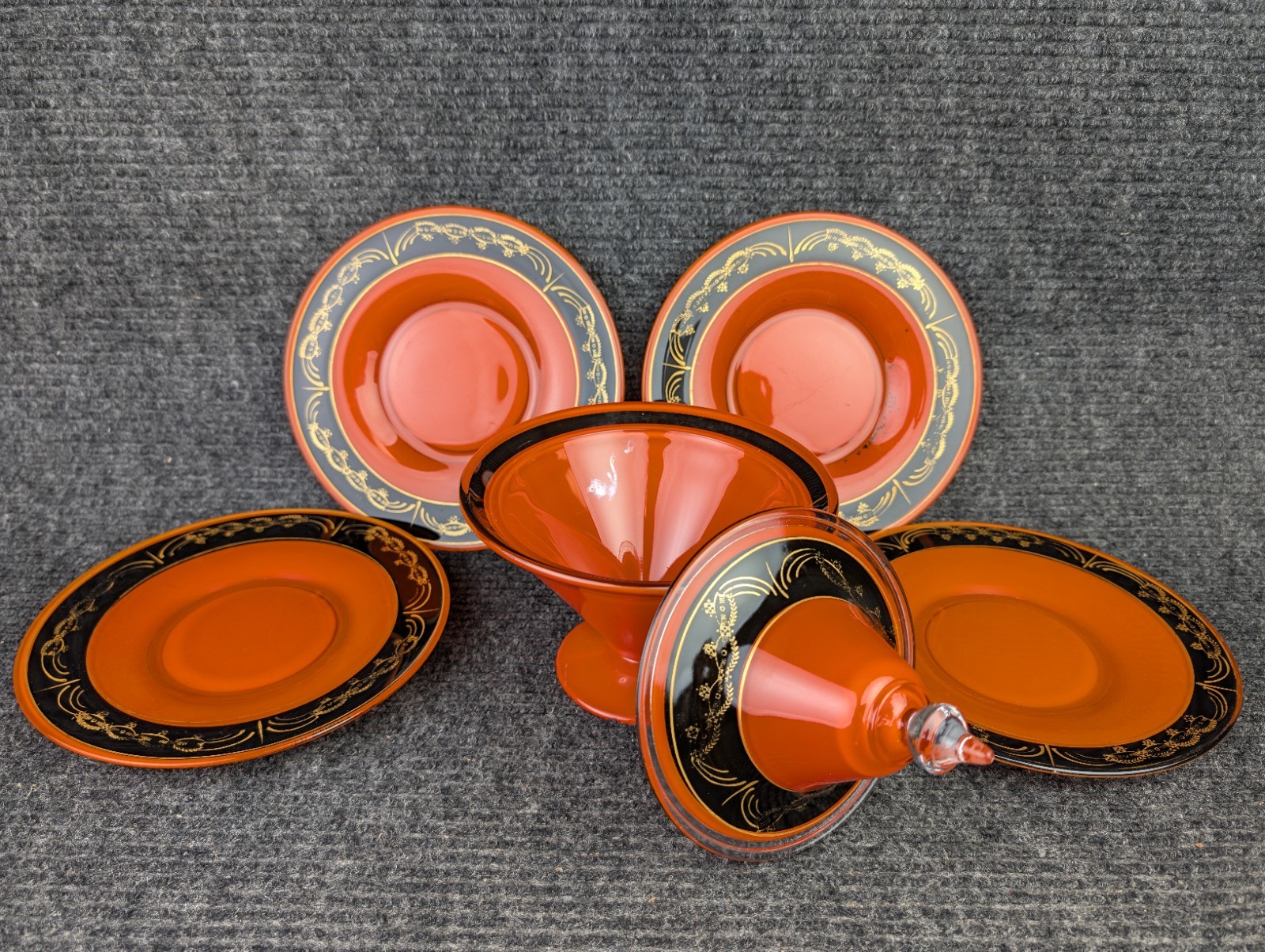 Antique Imperial Russian Lacquer Sorbet Set 4 Plates & Lidded Bowl Gold Gilt