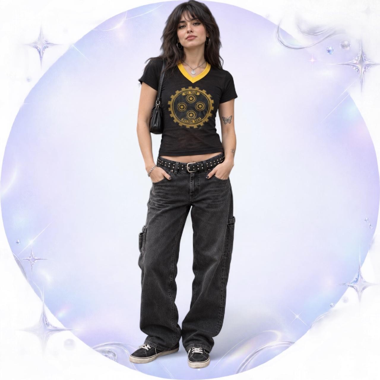 1972 BLACK YELLOW DISTRESSED RINGER TEE Y2K GRAPHIC TOP