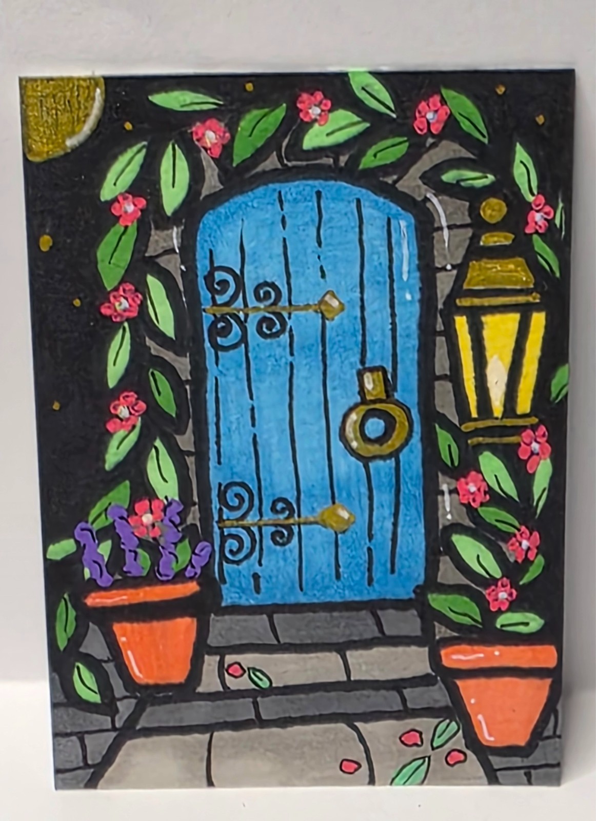 Original ACEO Art Card Hand Drawn Whimsical Folk Art Black & Gold – secret door