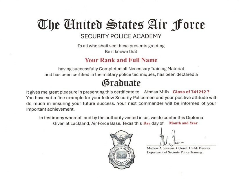 USAF Security Police Academy Replacement Certificate