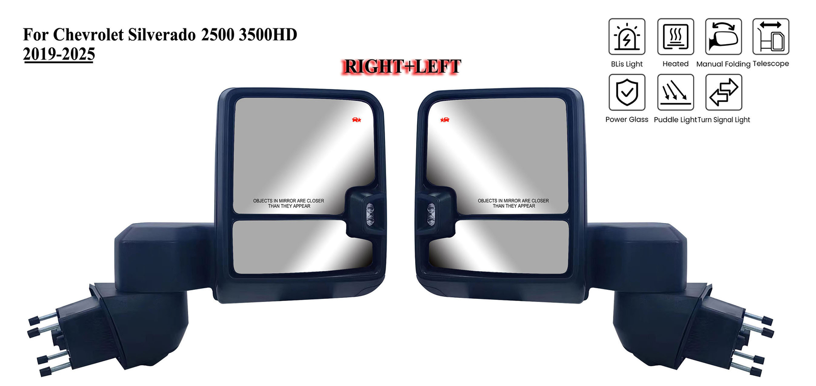 Pair Left+Right Side Tow Mirror Black For 2019-2025 Silverado 2500HD 3500HD