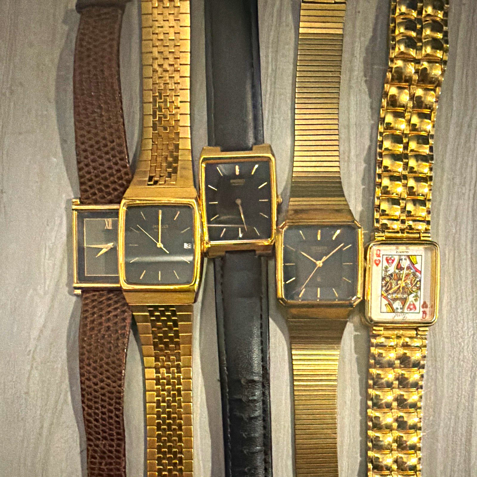 Lot of 5 Gold Tone Square/Rectangle Quartz Wristwatches with Mixed Bands