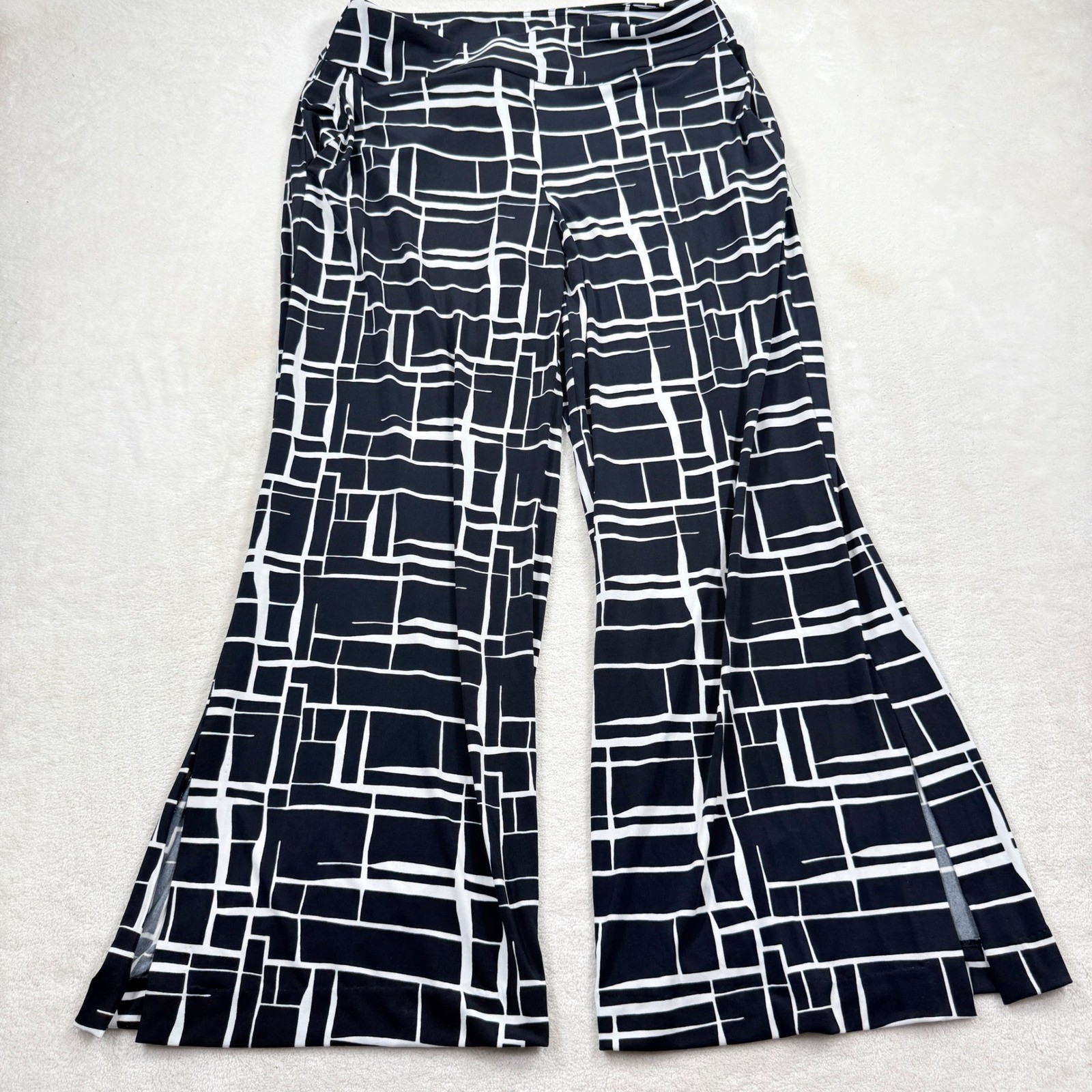 Joseph Ribkoff Wide Leg Geometric Print Pants Black White Side Slit Size 12