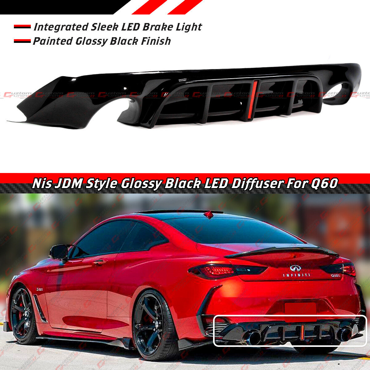 FOR 2017-2022 INFINITI Q60 GLOSS BLACK REAR BUMPER DIFFUSER W/ LED BRAKE LIGHT FOR 2017-2022 INFINITI Q60 GLOSS BLACK REAR BUMPER DIFFUSER W/ LED BRAKE LIGHT