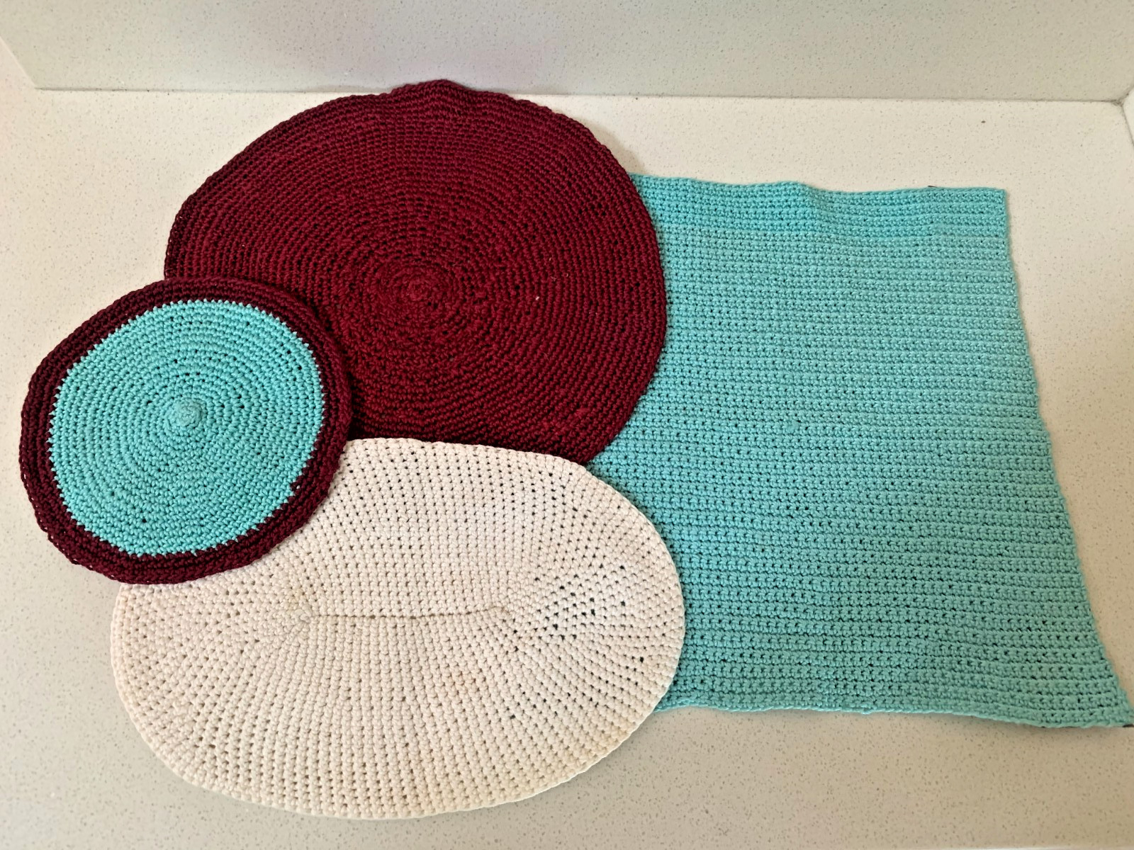 Vintage Hand-Crocheted Dollhouse Rugs 4 Pieces, Various Sizes Vintage Hand-Crocheted Dollhouse Rugs 4 Pieces, Various Sizes