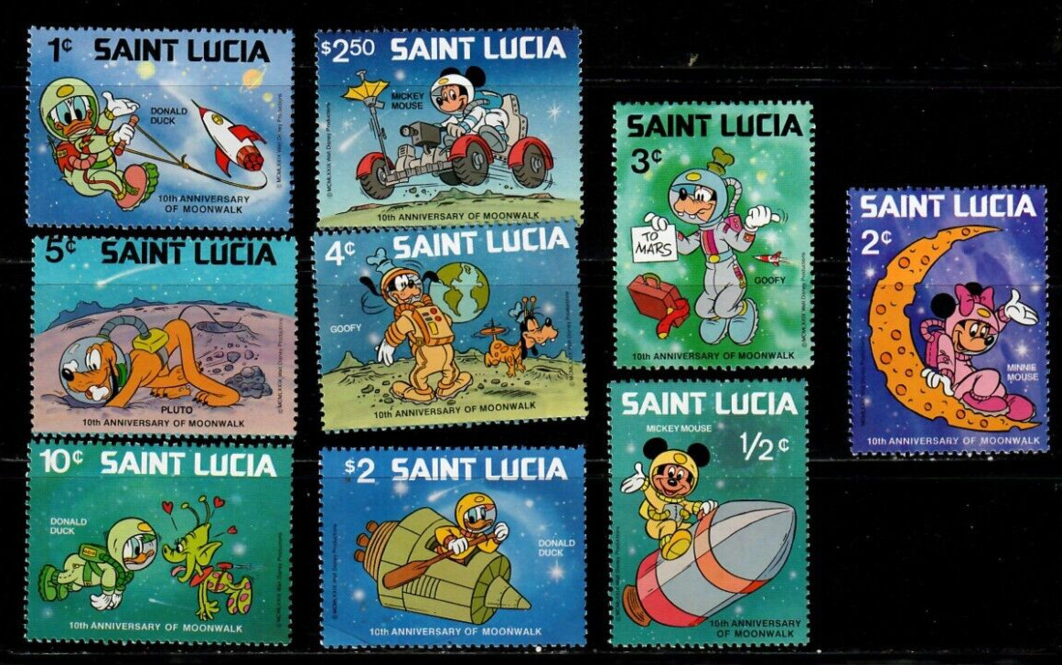 St. Lucia 1979 - Disney - Moonwalk Donald, Mickey, Goofy - Set of 9 Stamps - MNH St. Lucia 1979 - Disney - Moonwalk Donald, Mickey, Goofy - Set of 9 Stamps - MNH