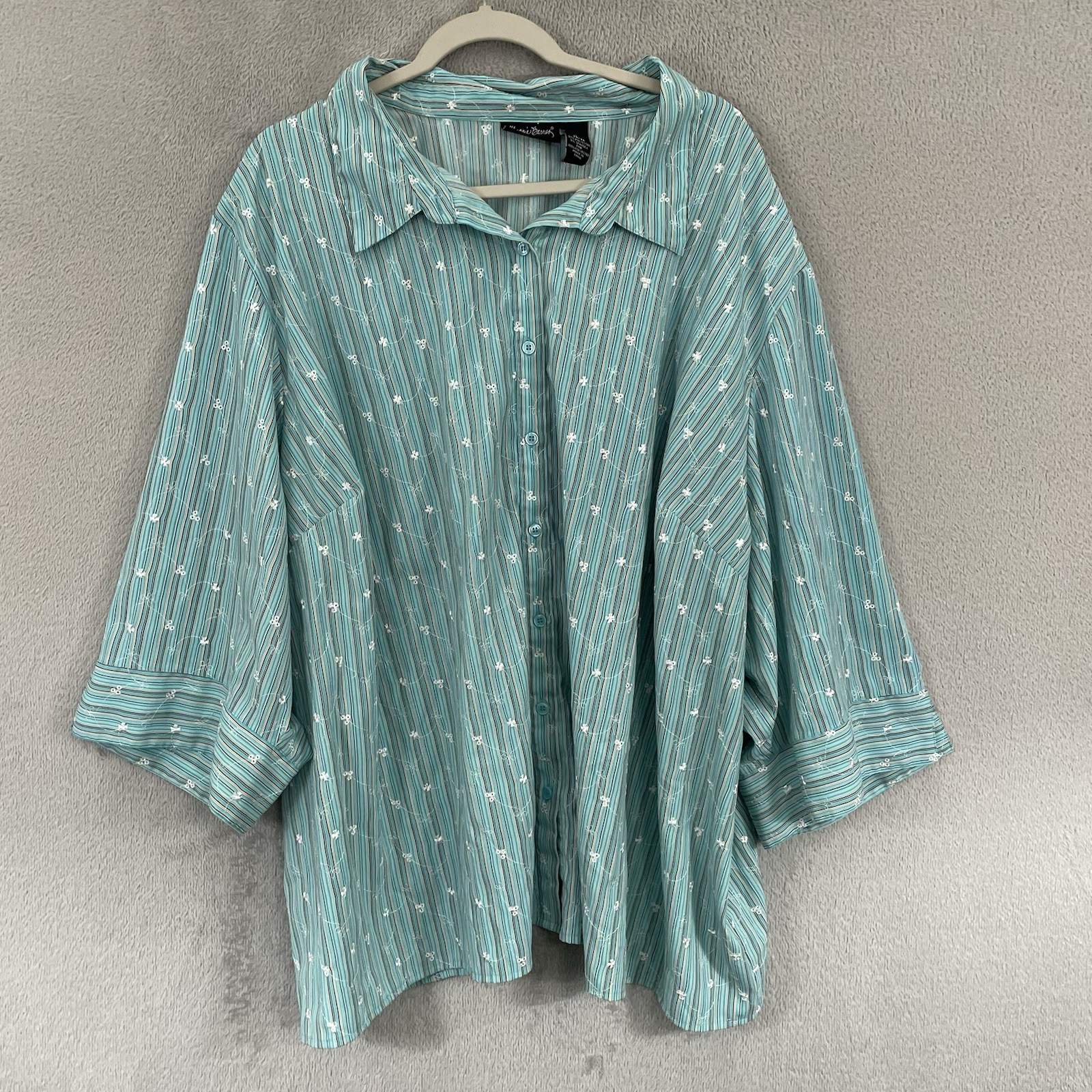 Maggie Barnes Top Womens Plus 5X Green Floral Blouse 3/4 Sleeve Button Up