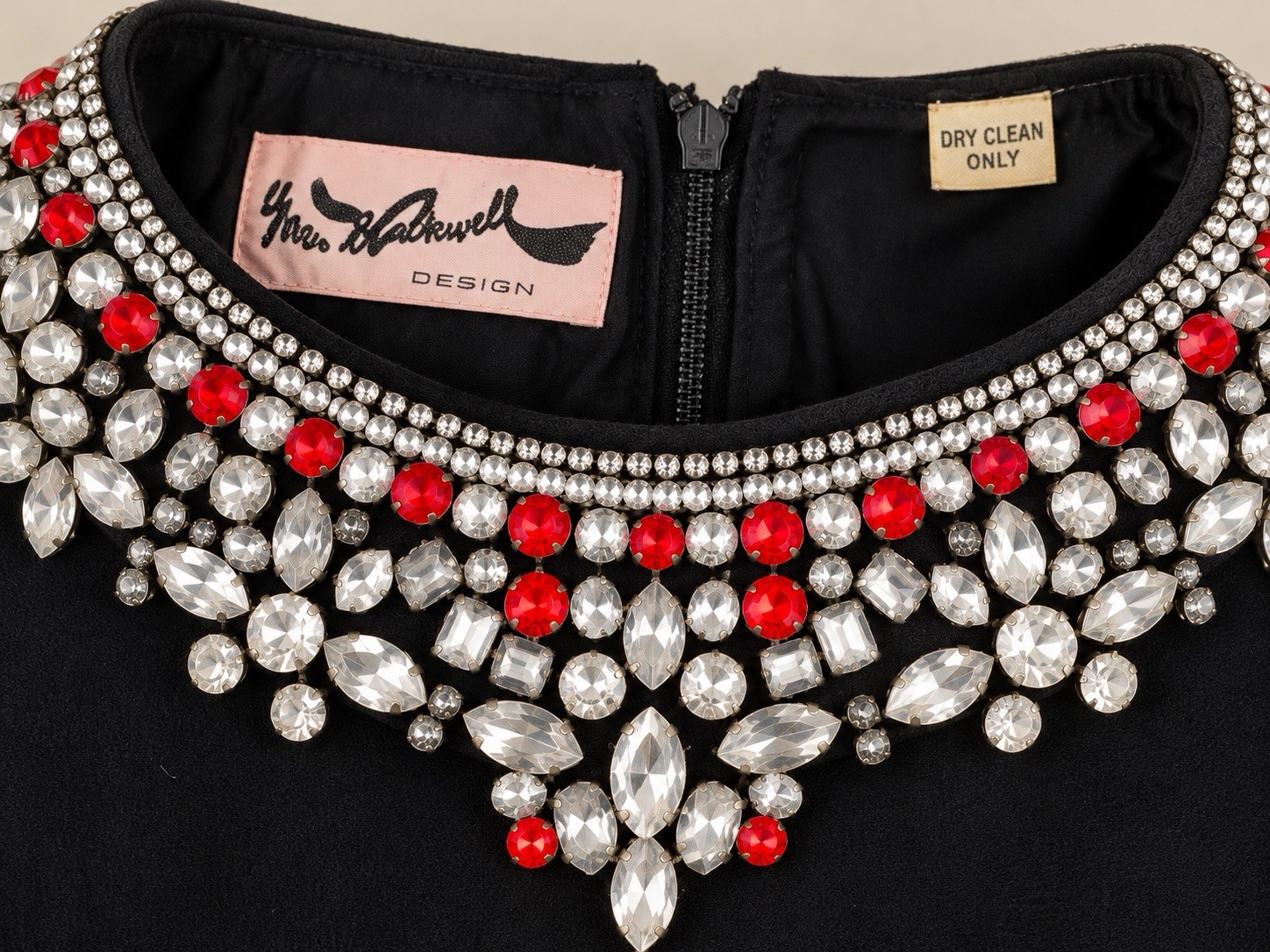 Vintage Yves Richer Black Wool Dress Red & Clear Rhinestone Cocktail Evening Vintage Yves Richer Black Wool Dress Red & Clear Rhinestone Cocktail Evening