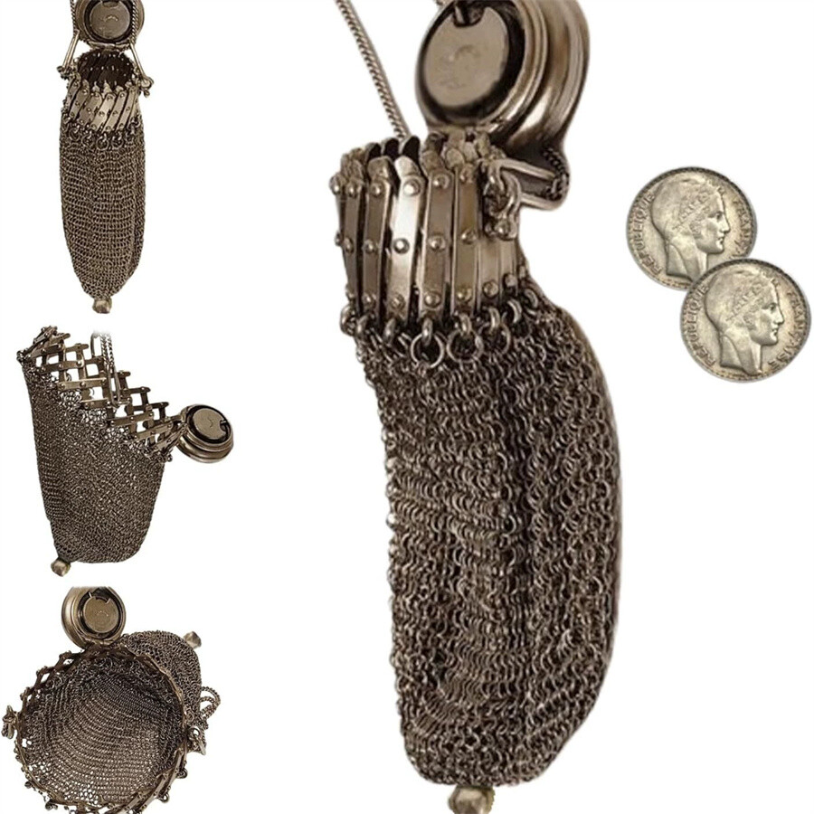 Handmade 1920\'s English Coin Purse Victorian Silver Twist Lid Gate Mesh Purse
