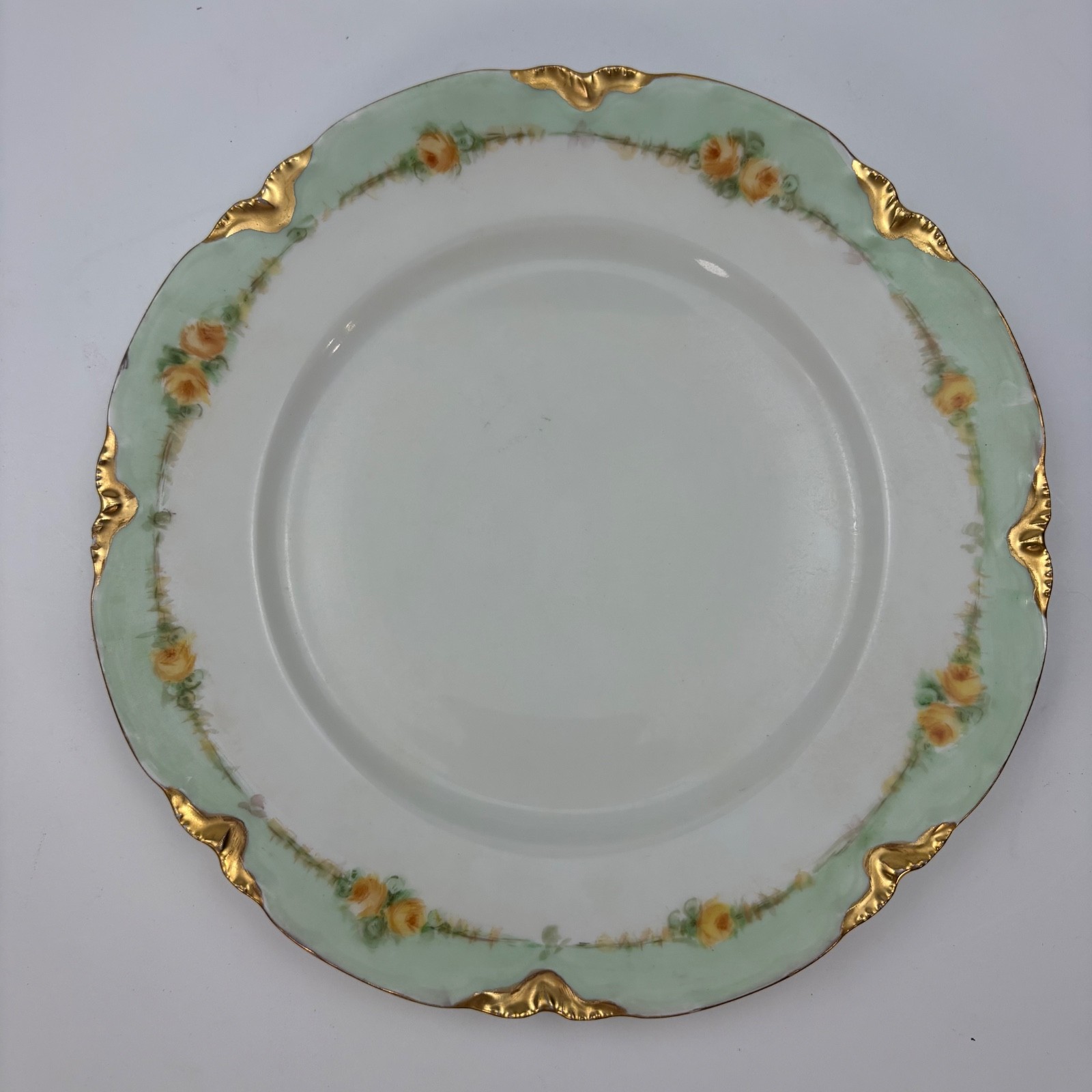 Antique Haviland France Limoges Plate Yellow Roses Green Border Gold ~9.75