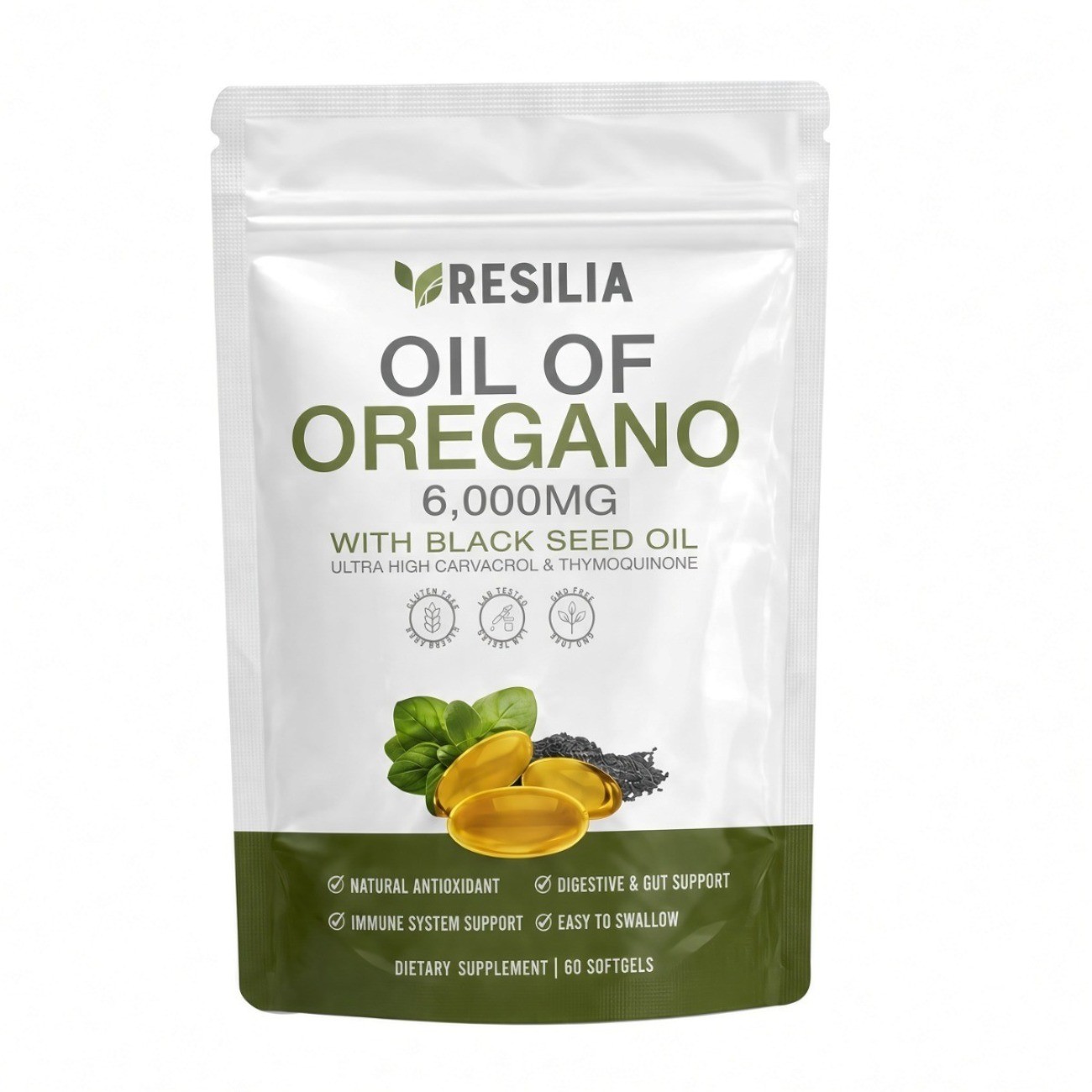 Resilia Oil of Oregano 6000mg with Black Seed–Immune & Gut Support, 60 Softgels