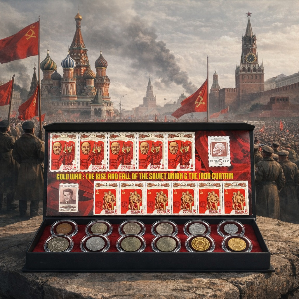 Cold War Russia Currency: Deluxe Boxed Collection 10 Coins & 12 Soviet Stamps