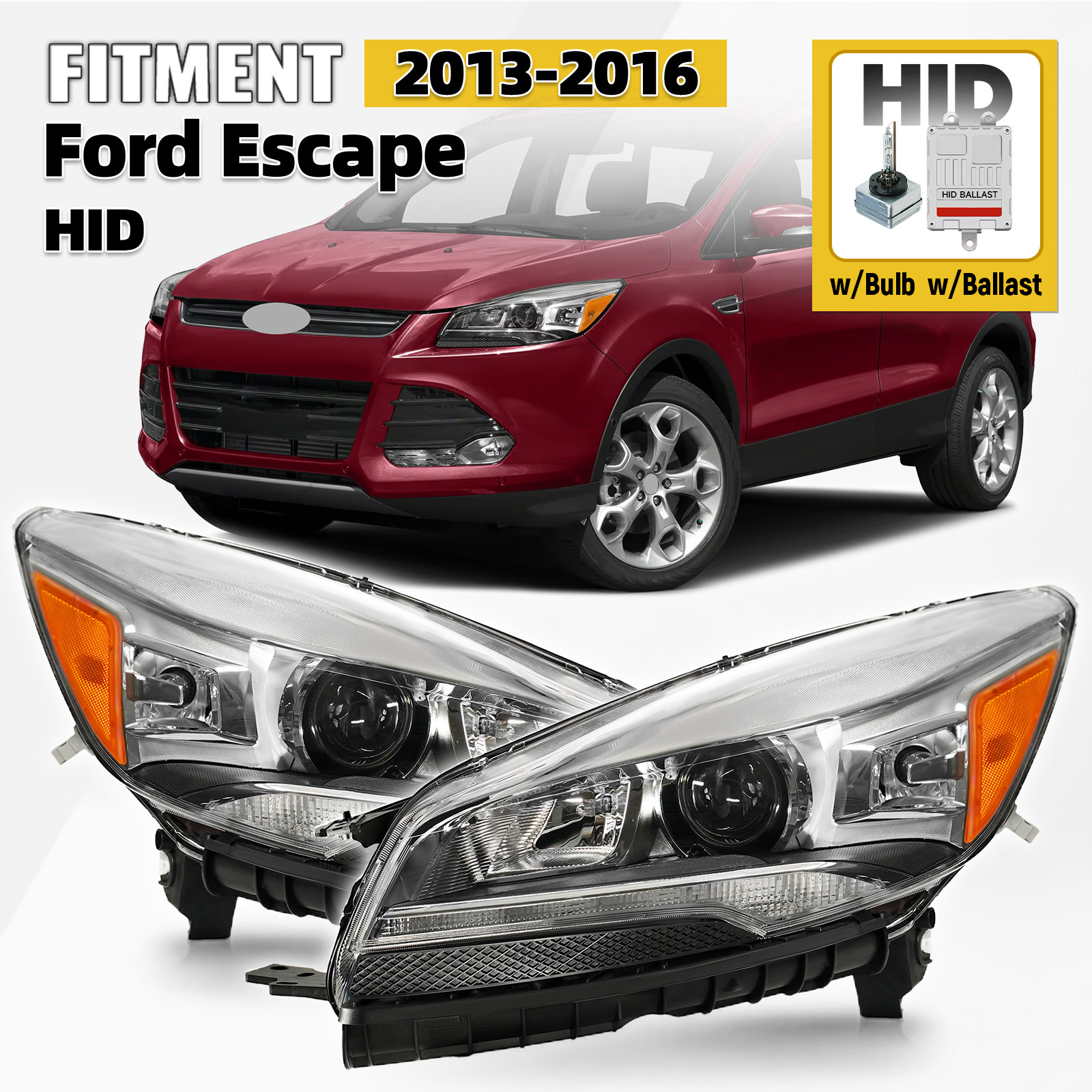 HID/Xenon Headlight For 2013-2016 Ford Escape w/Bulb w/Ballast Left+Right Pair