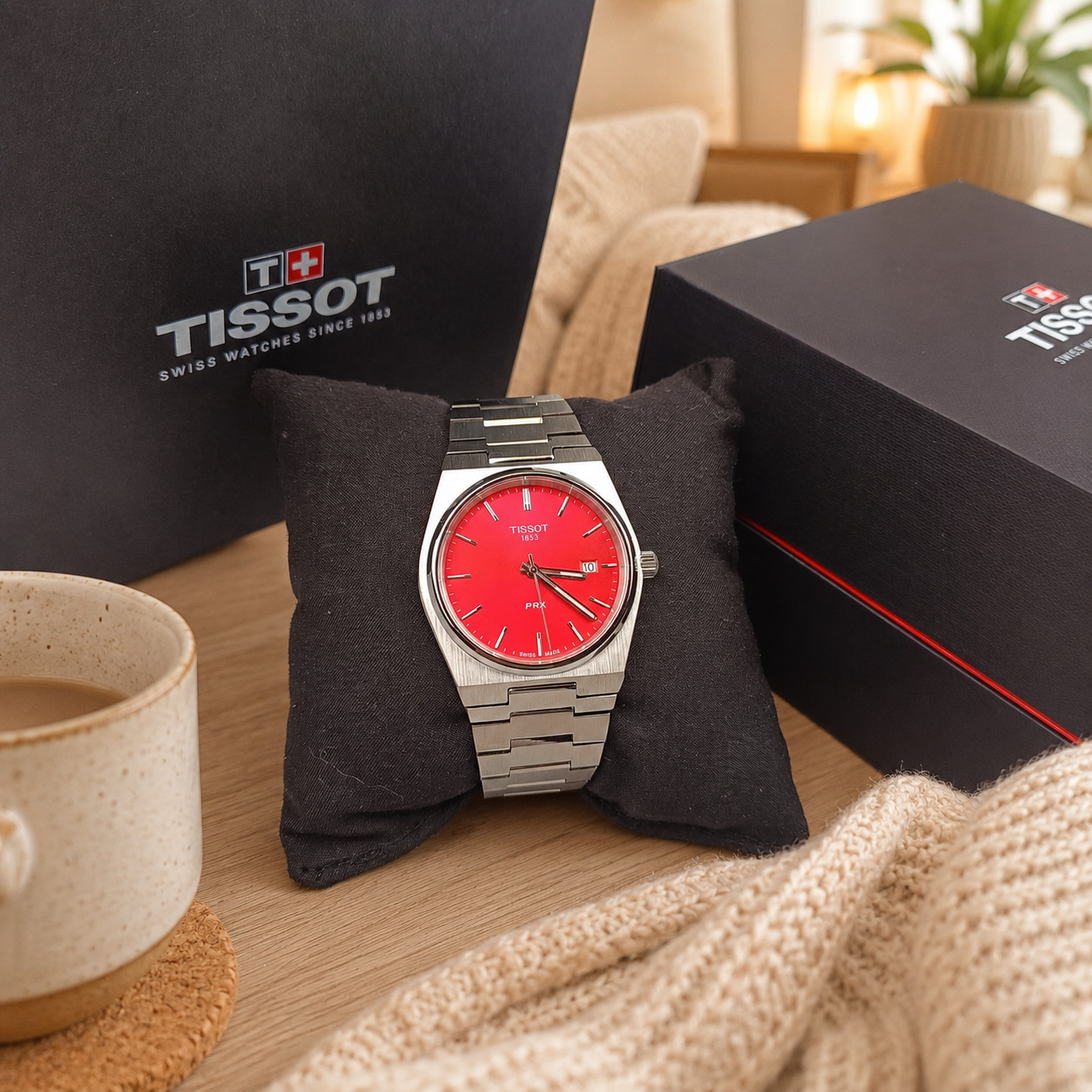 Tissot PRX 40mm Red Dial Swiss Quartz Stainless Steel Men's Watch T1374101142100