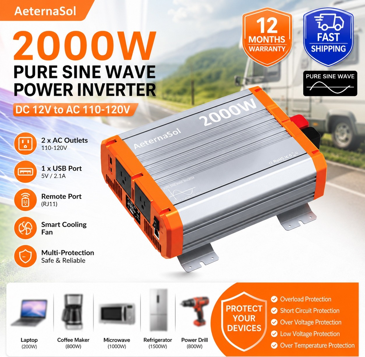 2000W/4000W Power Inverter Pure Sine Wave Vehicle 4-Outlet Port（2AC+USB+Type-C)