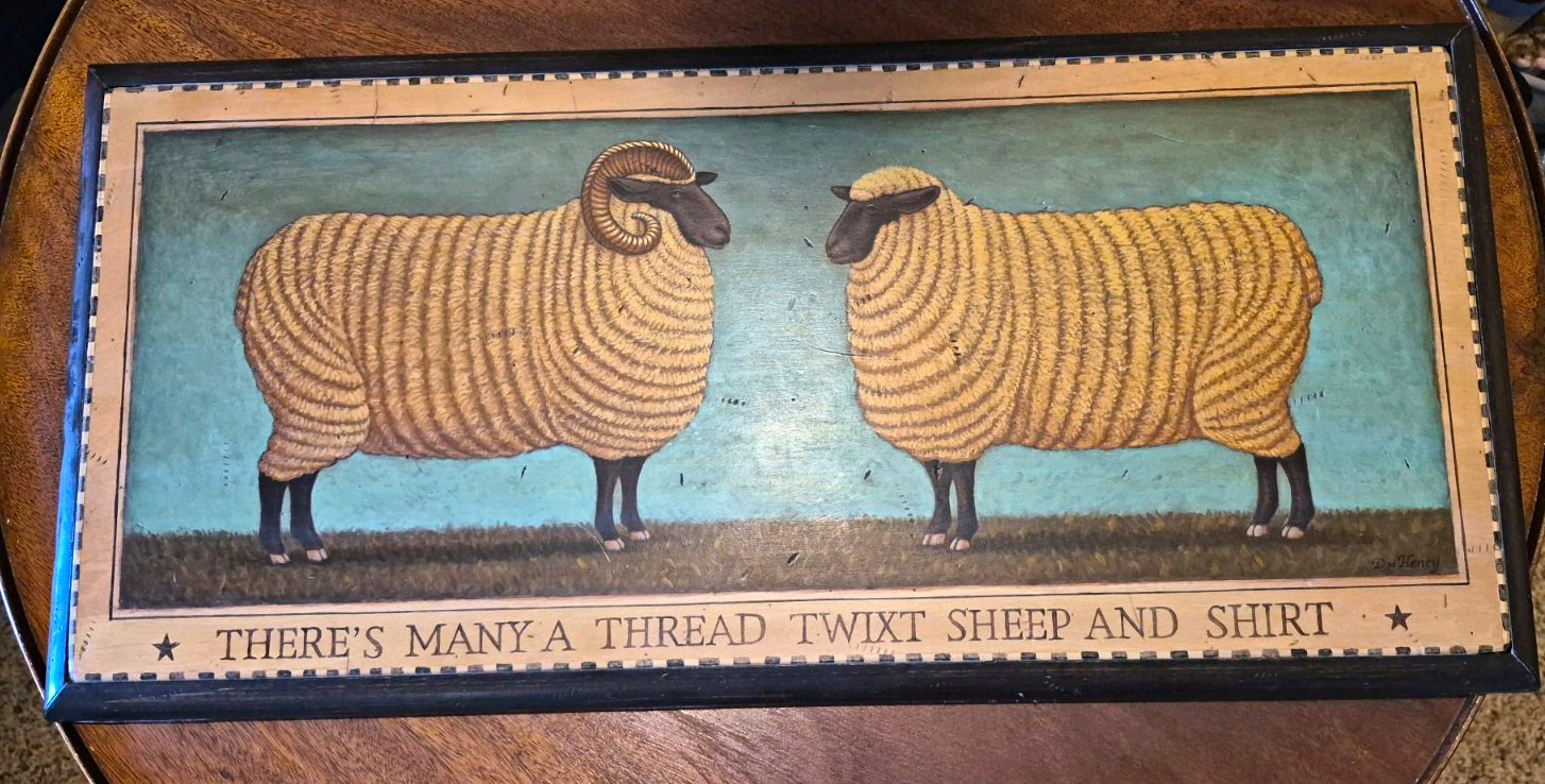 Doug Henry Original Oil Painting On Wood Board Twixt Sheep & Shirt 13x27