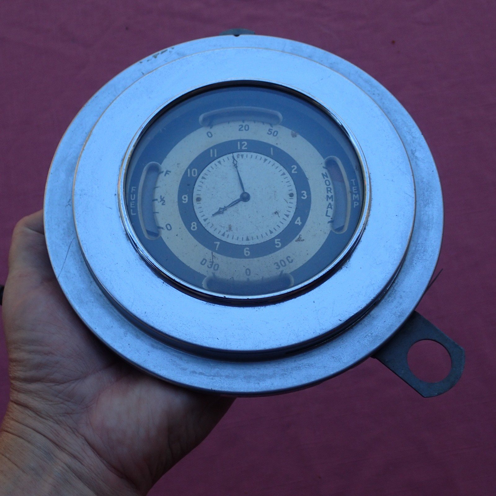 1935-36 Lincoln Zephyr dash clock and gauge cluster, nice