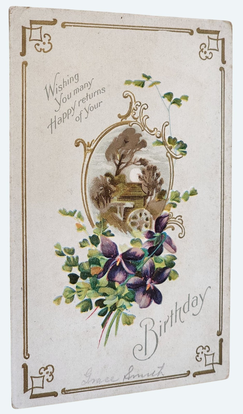 Antique 1910 Embossed Birthday Postcard With Gold Detailing & Purple Violets