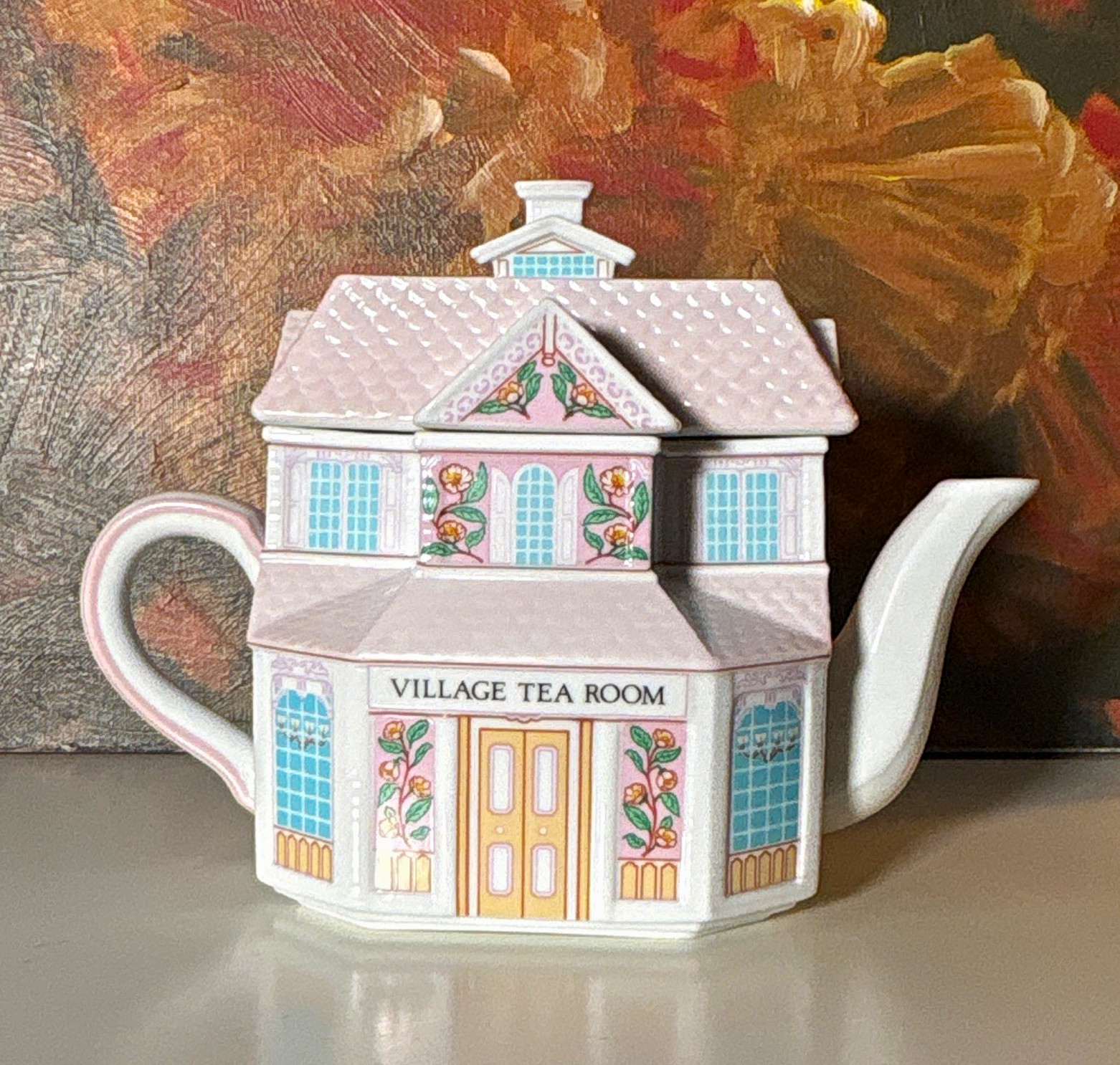 Vintage Lenox Village Tea Room Porcelain Teapot w/ Lid 1991 Pink White Blue Vintage Lenox Village Tea Room Porcelain Teapot w/ Lid 1991 Pink White Blue