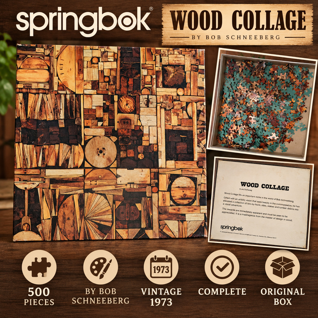 Vintage 1973 Springbok Wood Collage Puzzle Bob Schneeberg PZL2060 500 Pc