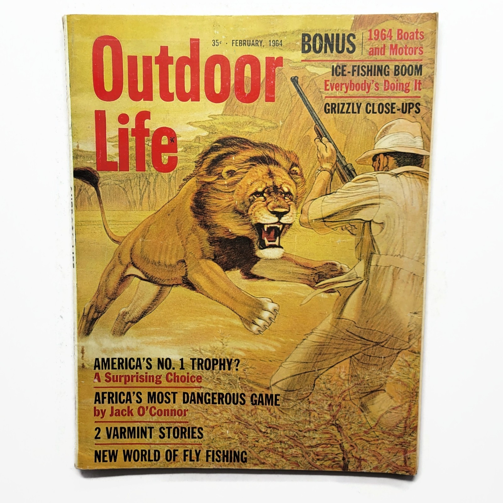 Vintage February 1964 Outdoor Life Ad Magazine - Big Game Trophy Hunting Lion Vintage February 1964 Outdoor Life Ad Magazine - Big Game Trophy Hunting Lion