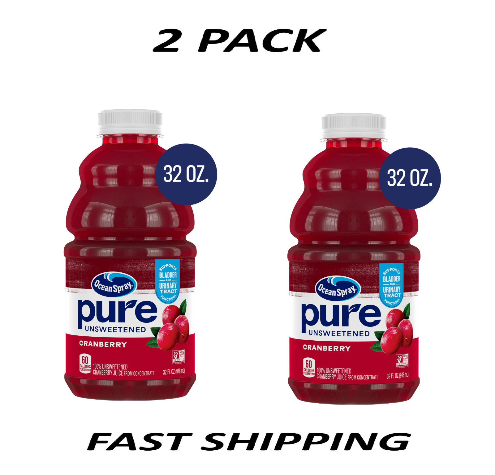 (2 Pack) Ocean Spray Pure Unsweetened Cranberry 100% Juice, 32 fl oz Bottles.