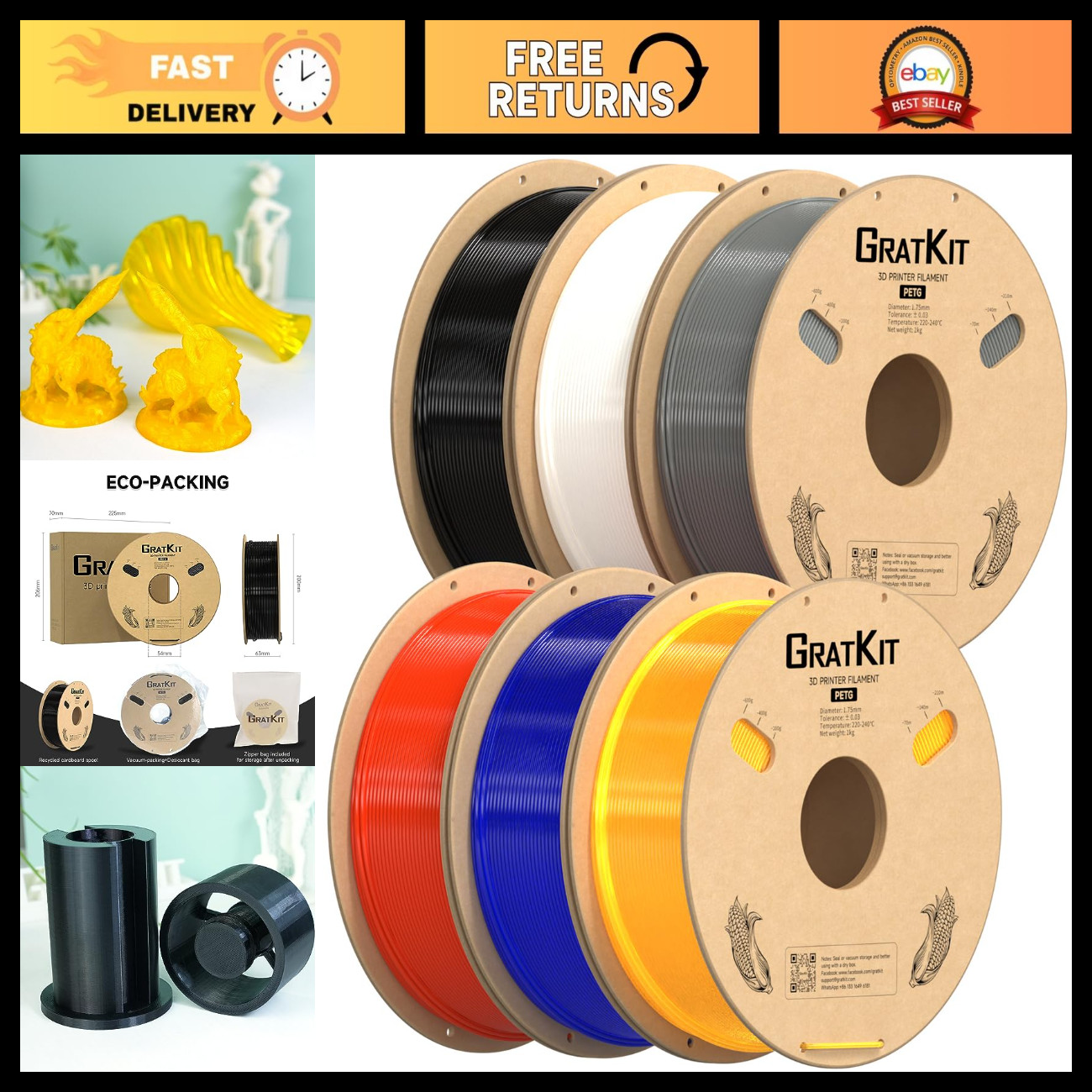 6KG PETG 3D Printer Filament Bundle - 1.75mm Multi-Color Rolls: Black, White, Gr 6KG PETG 3D Printer Filament Bundle - 1.75mm Multi-Color Rolls: Black, White, Gr