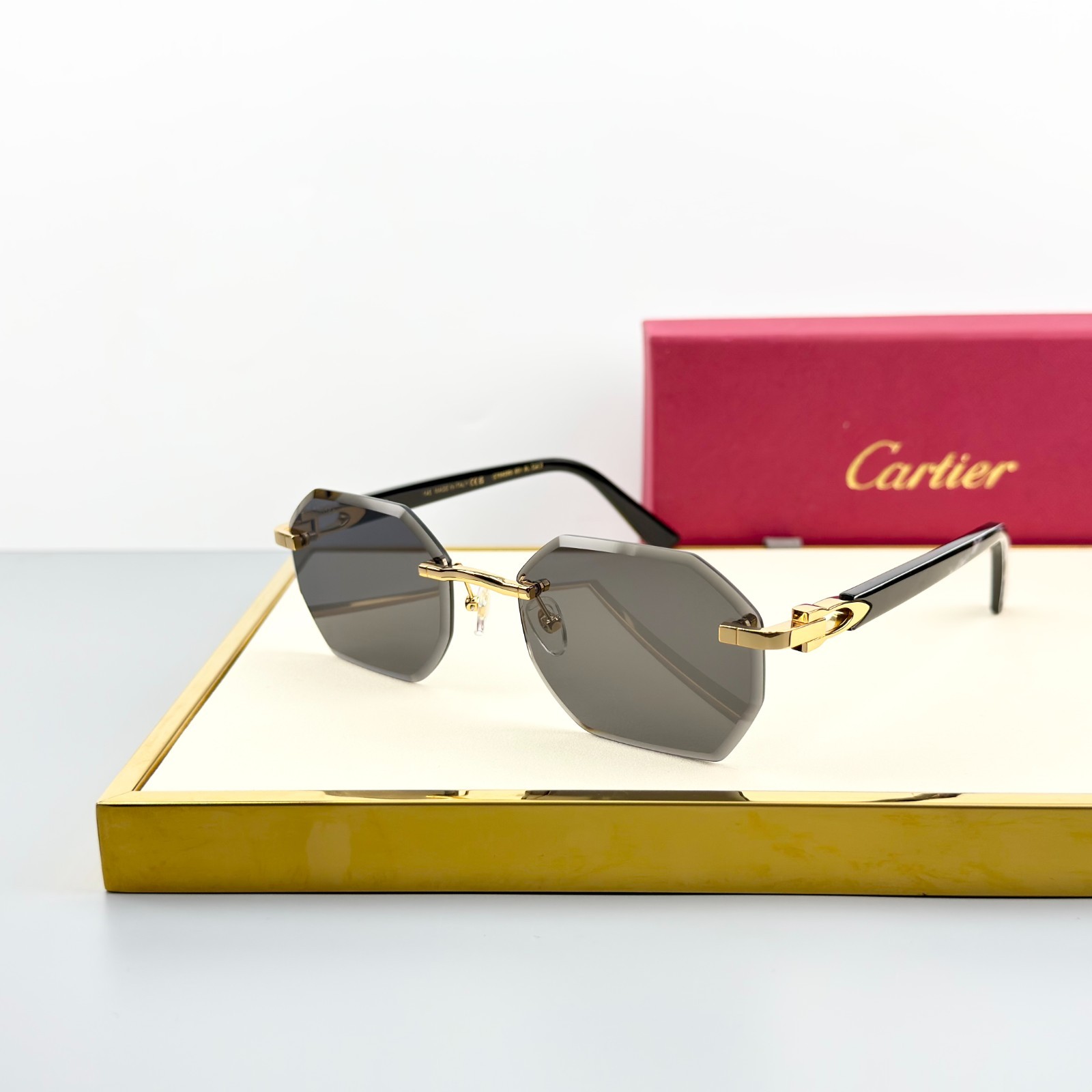 Cartier CT0439S Gold Rimless Gray Lens Sunglasses Black Temples New w/ Box Cartier CT0439S Gold Rimless Gray Lens Sunglasses Black Temples New w/ Box