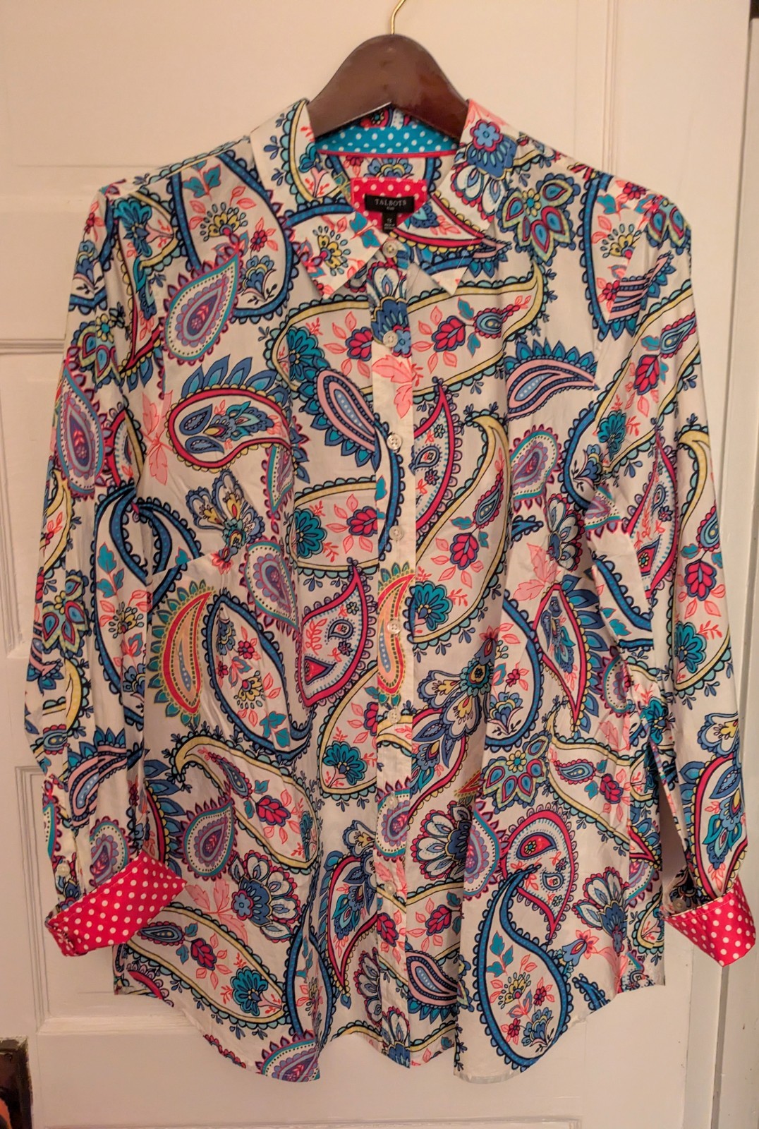 Talbots Plus Paisley Button-Up Cotton Shirt Flip Cuff Sz 1X Pink/Turq/White/Peri Talbots Plus Paisley Button-Up Cotton Shirt Flip Cuff Sz 1X Pink/Turq/White/Peri