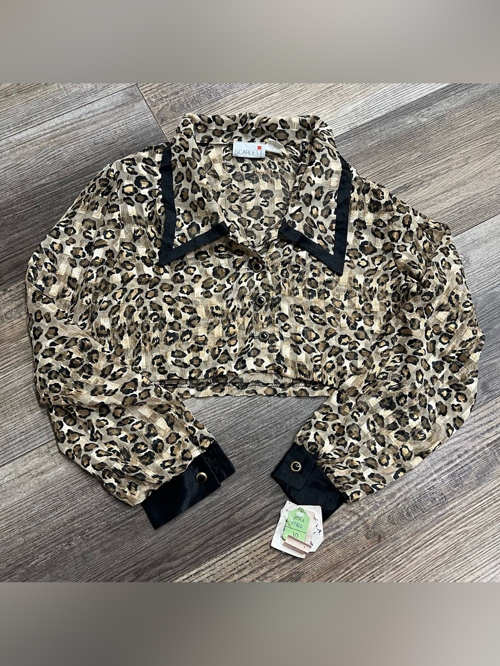 NWT Vintage Scarlett Leopard Sheer Cropped Blouse Womens 10 Shoulder Pads NWT Vintage Scarlett Leopard Sheer Cropped Blouse Womens 10 Shoulder Pads