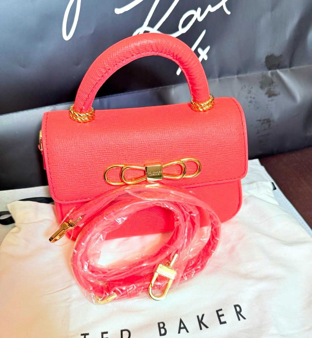 Ted Baker Orange Satchel Top Handle, Detachable Strap, Pebbled, Gold, Dust Bag Ted Baker Orange Satchel Top Handle, Detachable Strap, Pebbled, Gold, Dust Bag