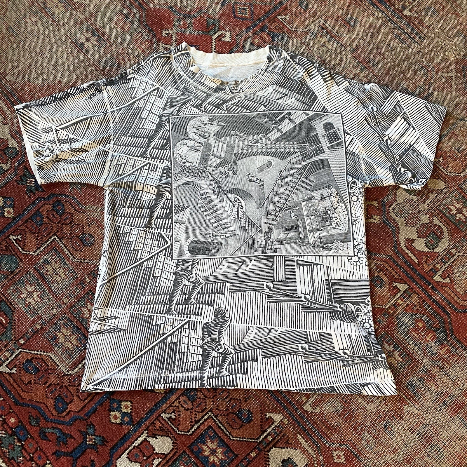 Vintage 1990s MC Escher All Over Graphic Stairs Tee Black & White Tshirt Worn L Vintage 1990s MC Escher All Over Graphic Stairs Tee Black & White Tshirt Worn L