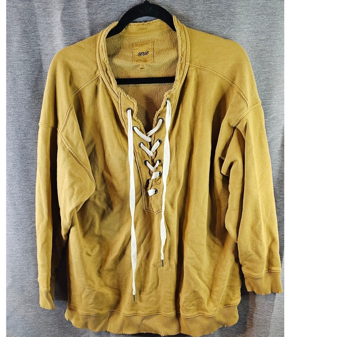 Aerie Sweatshirt Womens L Sunday Lace Up Oversized Cozy French Terry Mustard Yel